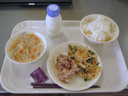 Fried chicken with some kind of pickled salad and vegetable noodle soup. And rice with purple flaky seasoning. The fried chicken was the least delicious thing of all the lunches I've had so far, but the rest of the meal was super delicious!